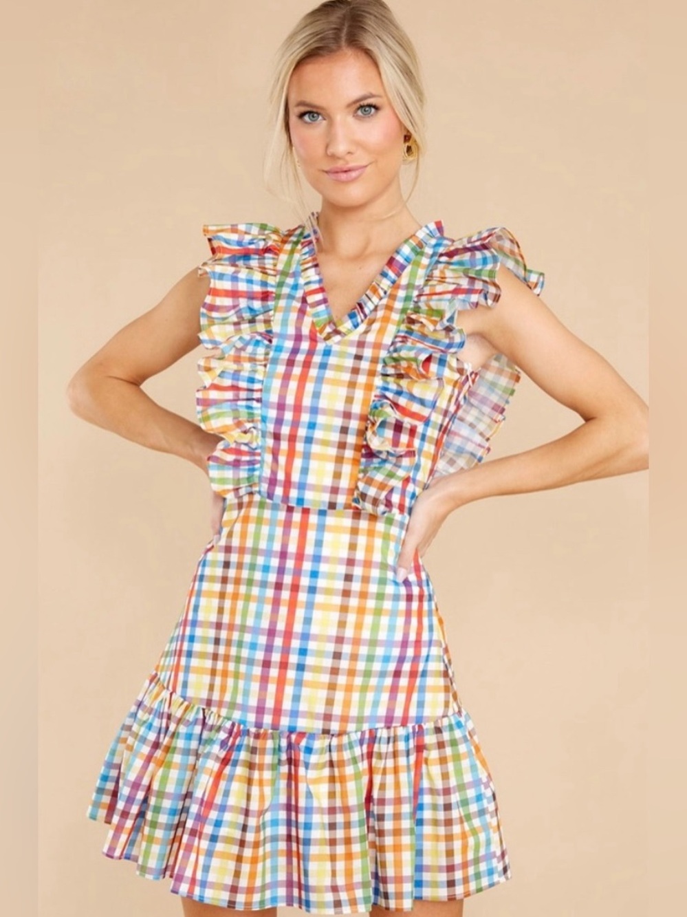 LaRoque Dolly Rainbow Mini dress, Gingham Ruffle V-Neck With Flared Skirt. Sz SM
